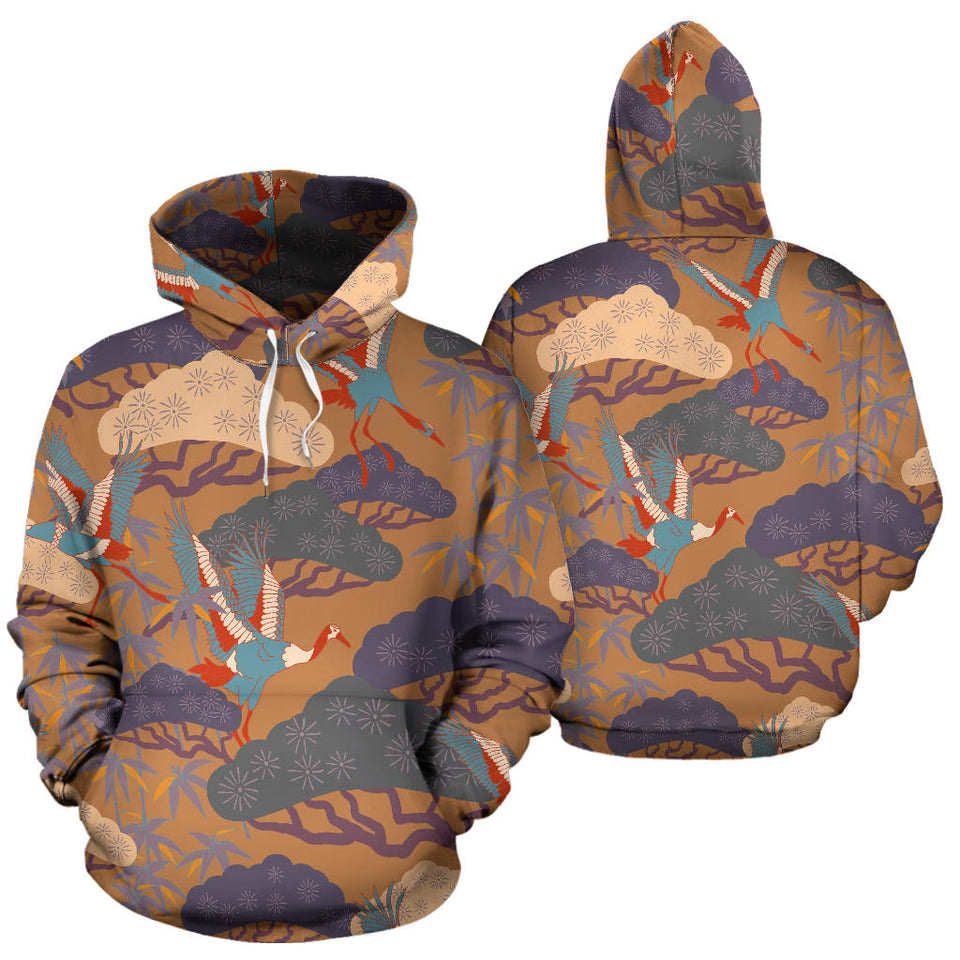 Bonsai Bamboo Stork Japanese Pattern Brown Theme Men Women Pullover Hoodie