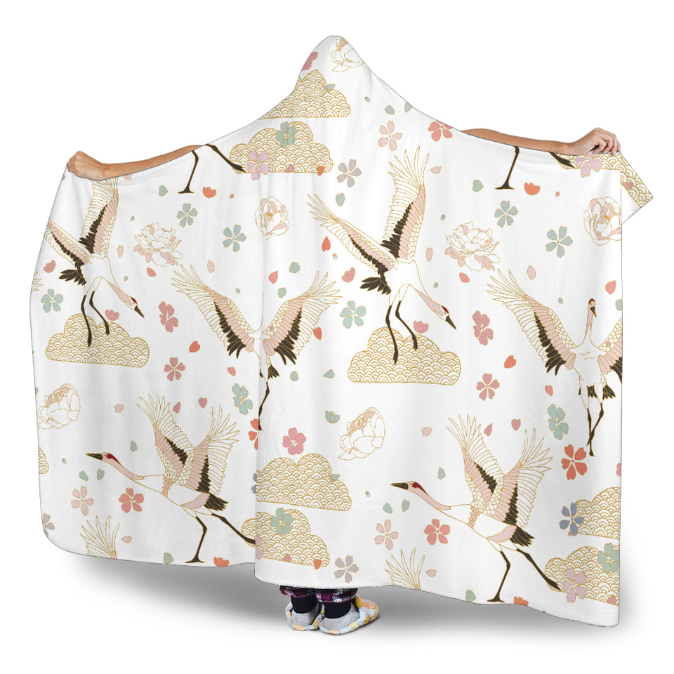 Beautiful Japanese Cranes Pattern Hooded Blanket