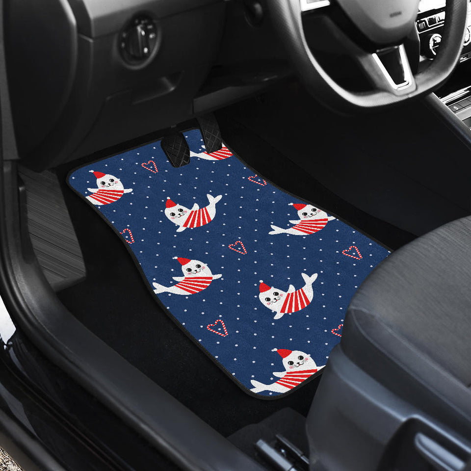 Cute Sea Lion Seal Christmas Hat Candy Cane Heart Pattern Front And Back Car Mats