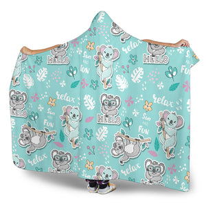 Cute Koalas Blue Background Pattern Hooded Blanket