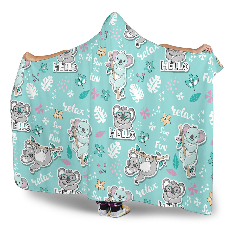 Cute Koalas Blue Background Pattern Hooded Blanket