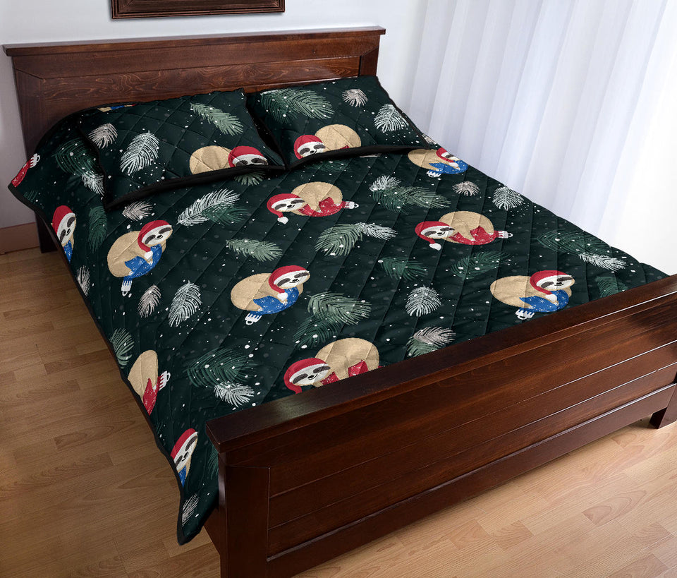 Cute sloths sleeping christmas ball santa hat pattern Quilt Bed Set