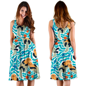 Cute Sea Otters Fishe Sea Urchin Pattern Sleeveless Midi Dress