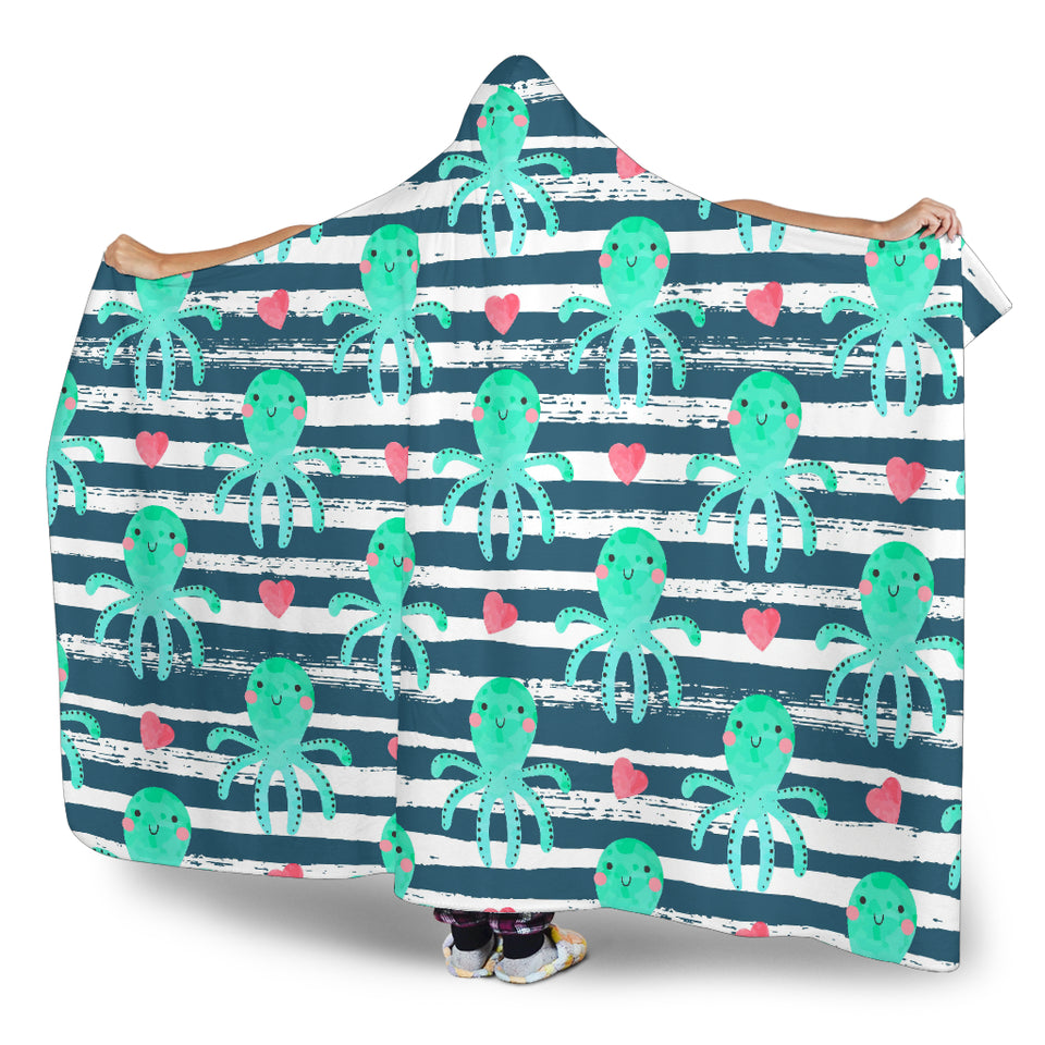 Cute Octopuses Heart Striped Background Hooded Blanket