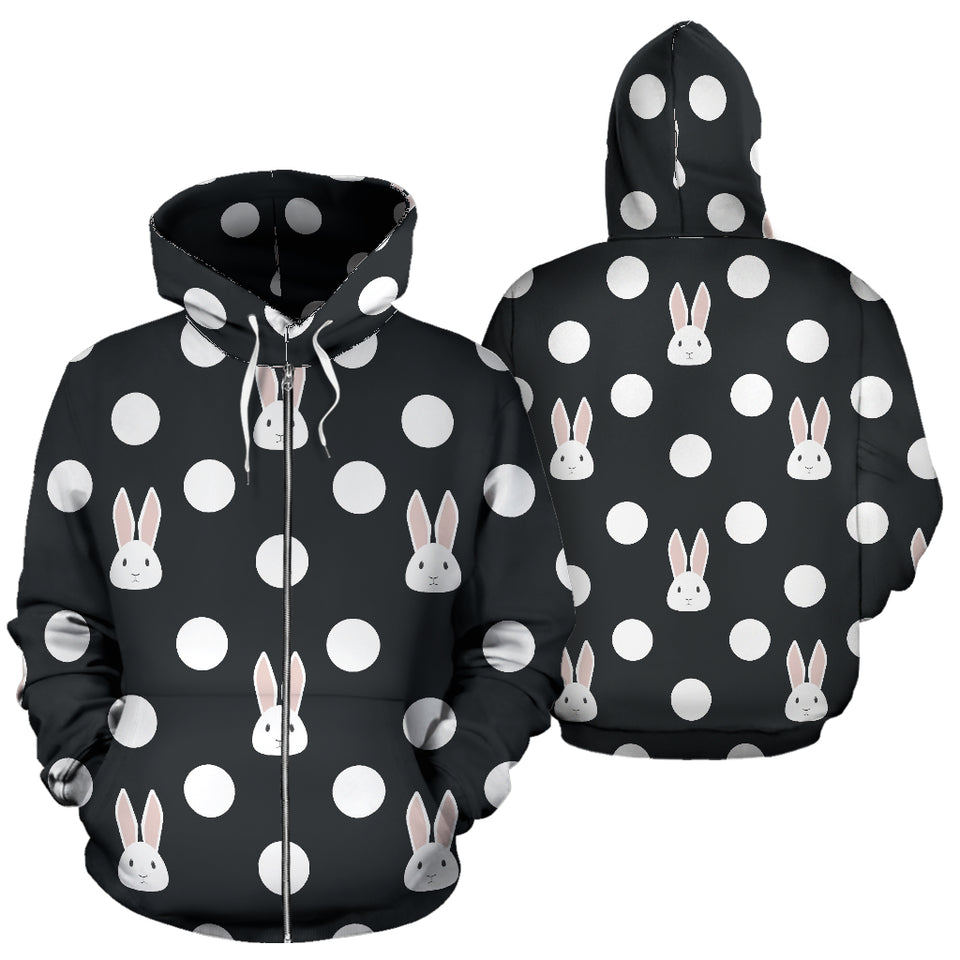 Cute White Rabbit Polka Dots Black Background Zip Up Hoodie