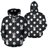Cute White Rabbit Polka Dots Black Background Zip Up Hoodie