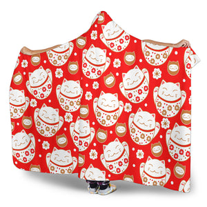 Cute Maneki Neko Lucky Cat Red Background Hooded Blanket
