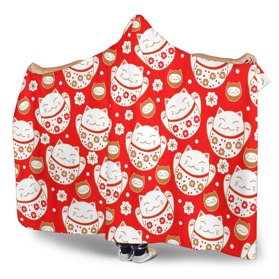 Cute Maneki Neko Lucky Cat Red Background Hooded Blanket