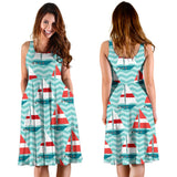 Red White Sailboat Wave Background Sleeveless Midi Dress