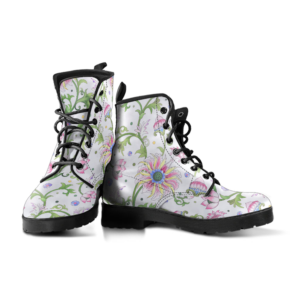 Beautiful Pink Lotus Waterlily Leaves Pattern Leather Boots