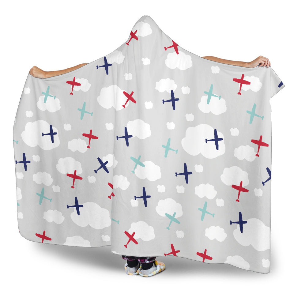 Airplane Cloud Grey Background Hooded Blanket