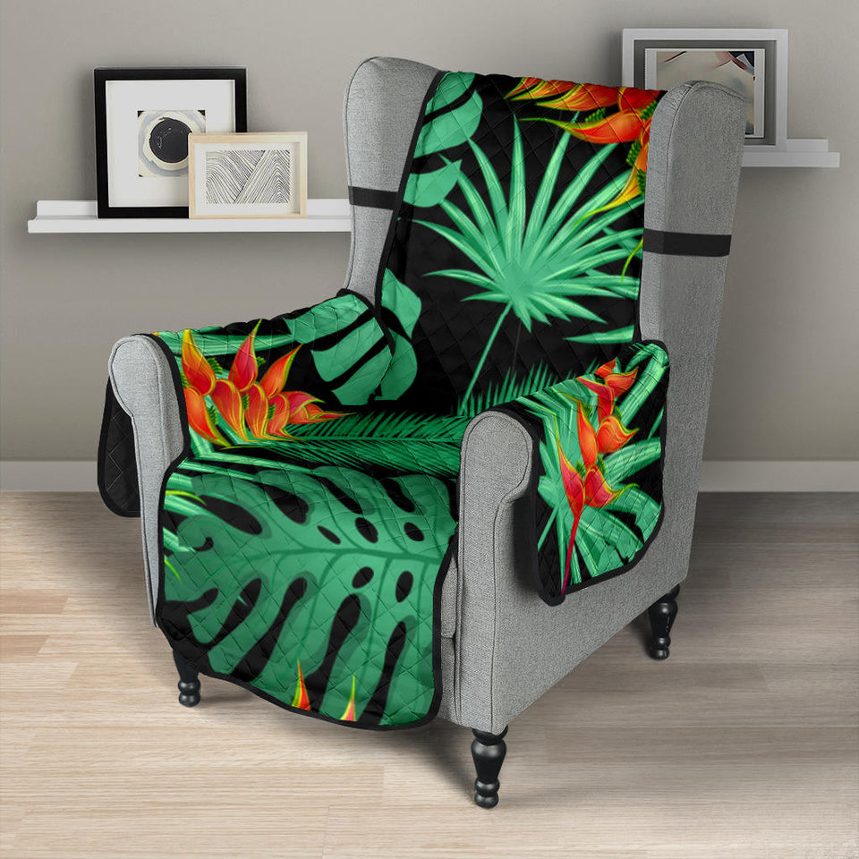 heliconia flower palm monstera leaves black background Chair Cover Protector