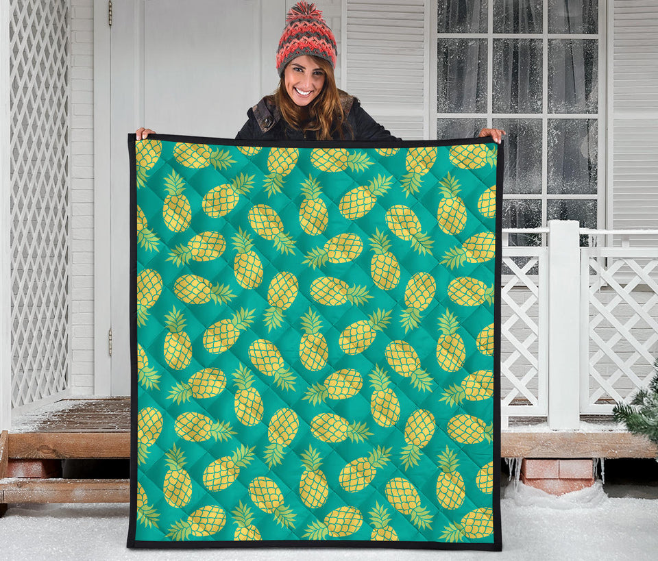 Pineapples Pattern Green Background Premium Quilt