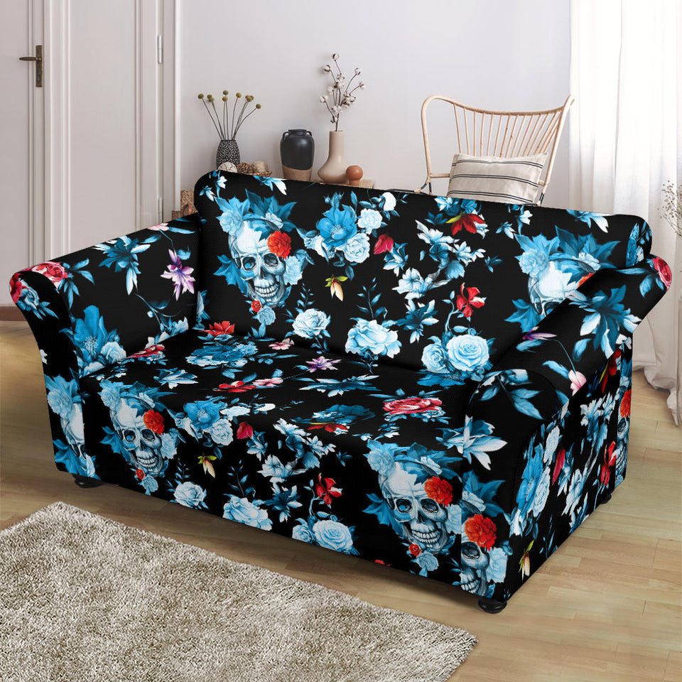 Skull Flower Roses Leave Pattern Loveseat Couch Slipcover