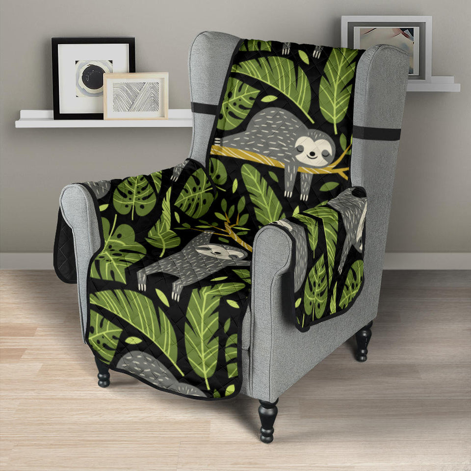 Cute sloths tropical palm leaves black background Chair Cover Protector