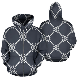 Nautical Steering Wheel Rope Pattern Zip Up Hoodie