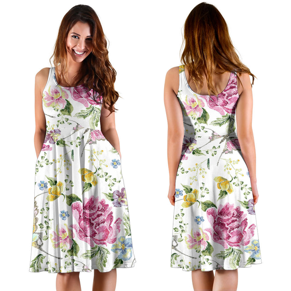 Hand Drawn Butterfly Rose Sleeveless Midi Dress