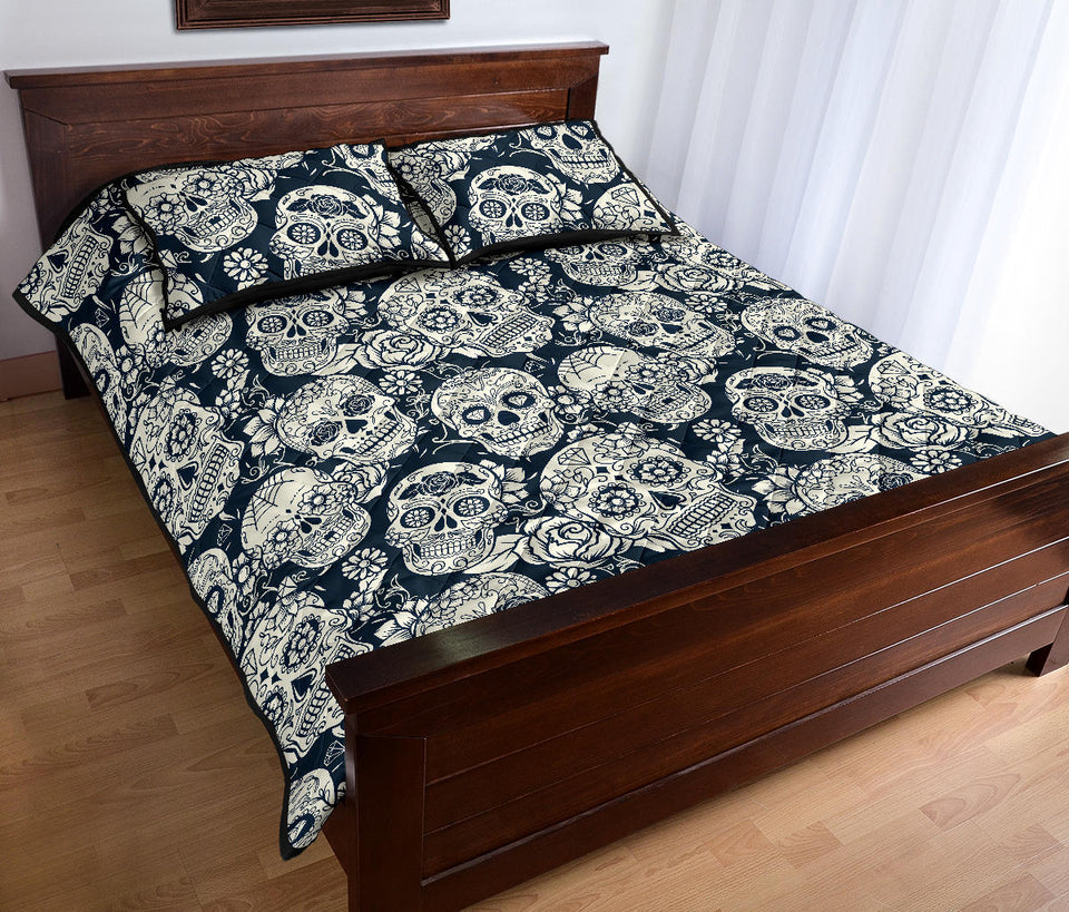 Sugar skull black white pattern Quilt Bed Set