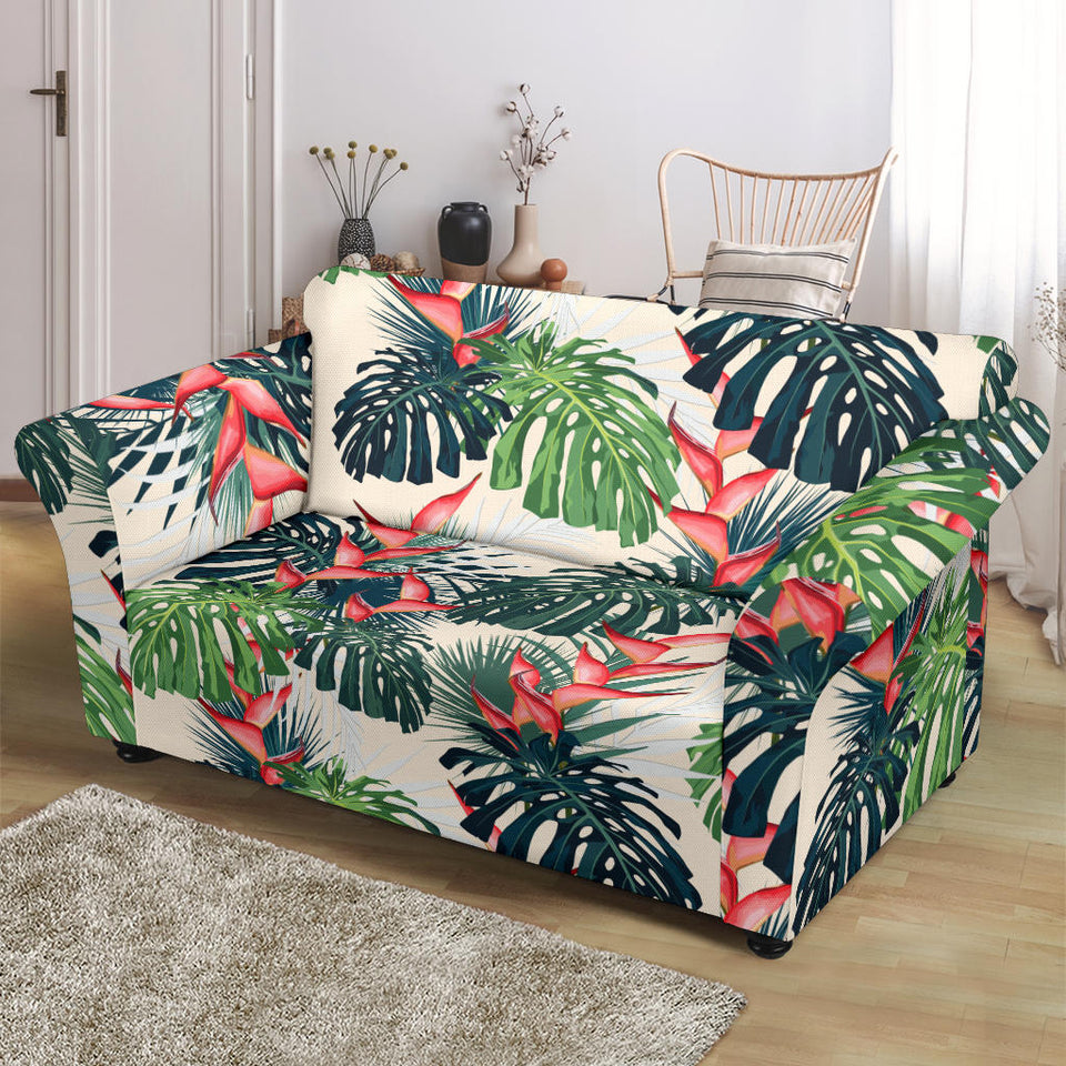 Heliconia Flowers, Palm And Monstera Leaves Loveseat Couch Slipcover
