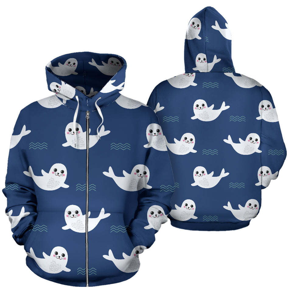 Cute White Baby Sea Lion Seal Pattern Zip Up Hoodie