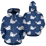 Cute White Baby Sea Lion Seal Pattern Zip Up Hoodie