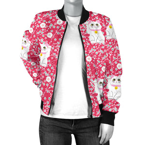 Maneki Neko Lucky Cat Sakura Pink Background Women'S Bomber Jacket