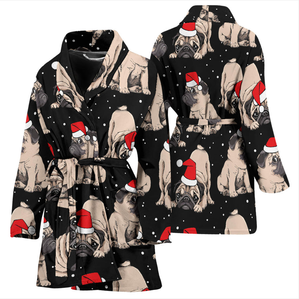Christmas Pugs Santa_S Red Cap Pattern Women'S Bathrobe