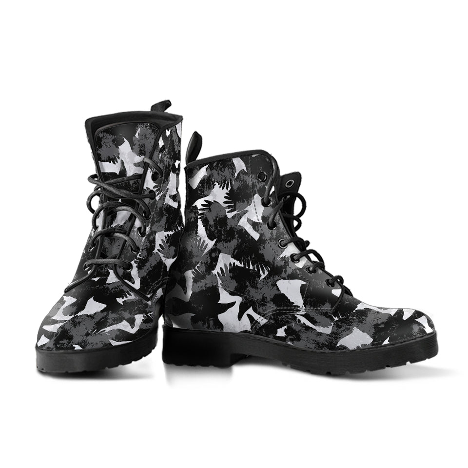 Crow Illustration Pattern Leather Boots