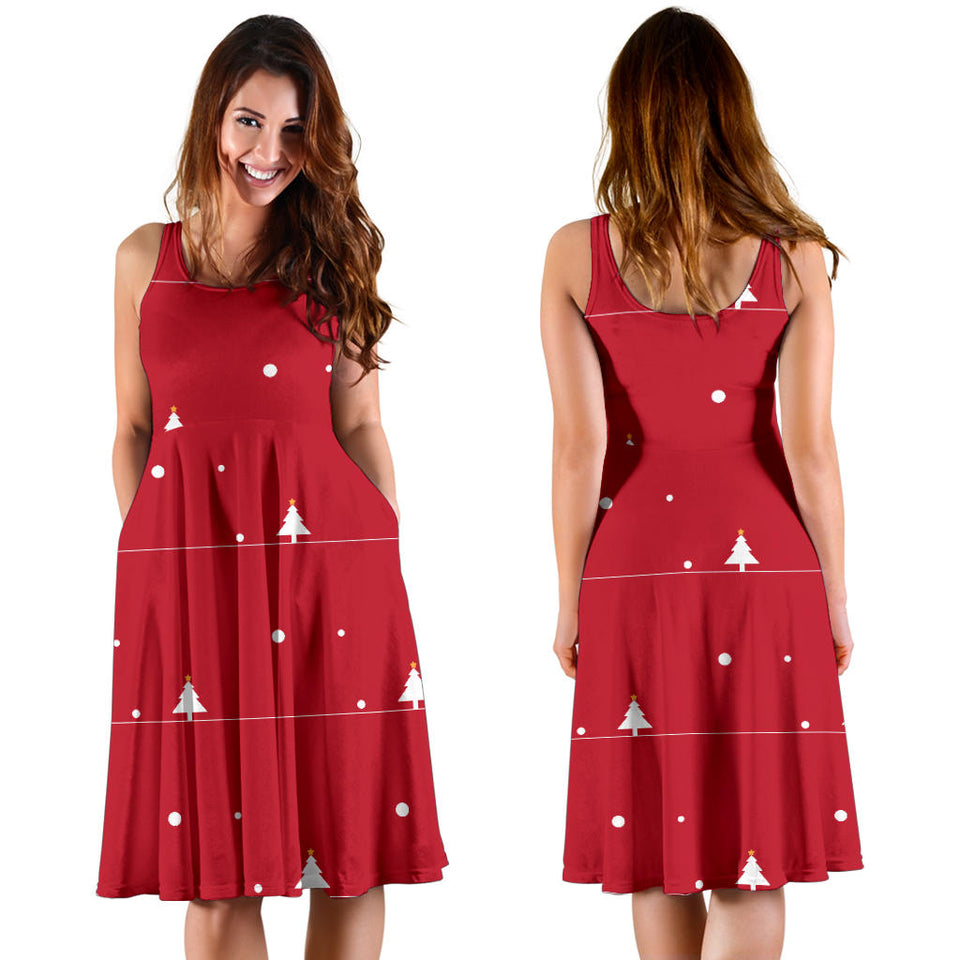 Christmas Tree Star Snow Red Background Sleeveless Midi Dress