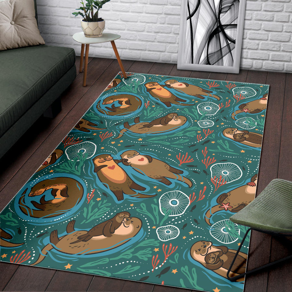 Cute Brown Sea Otters Ornamental Seaweed Corals Green Water Area Rug