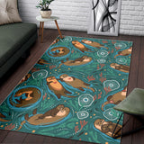 Cute Brown Sea Otters Ornamental Seaweed Corals Green Water Area Rug