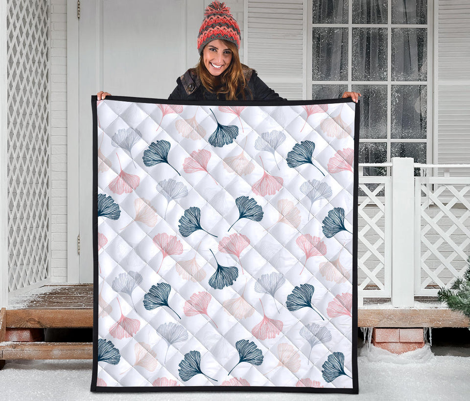Black Gray Cream Coral Ginkgo Leaves Pattern Premium Quilt