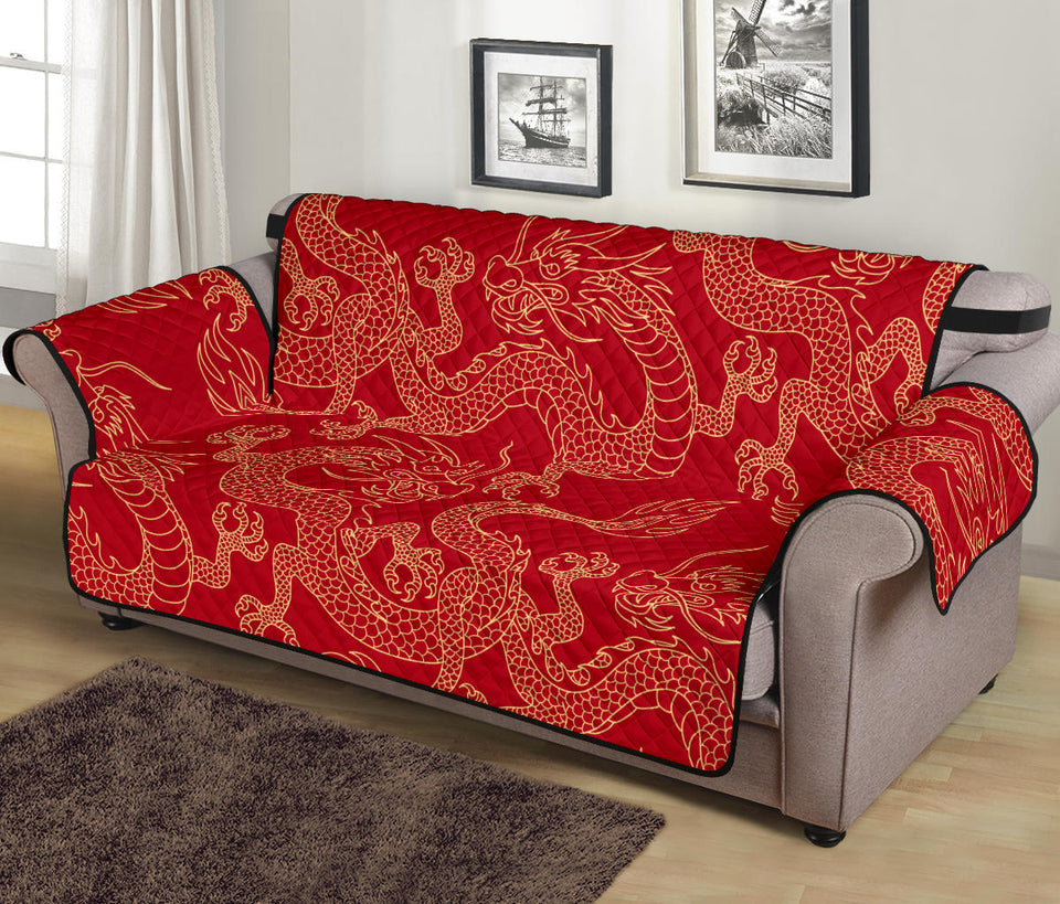 Gold dragons red background Sofa Cover Protector