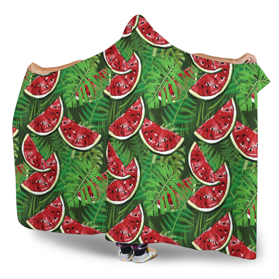 Watermelons Tropical Palm Leaves Pattern Background Hooded Blanket