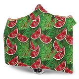 Watermelons Tropical Palm Leaves Pattern Background Hooded Blanket