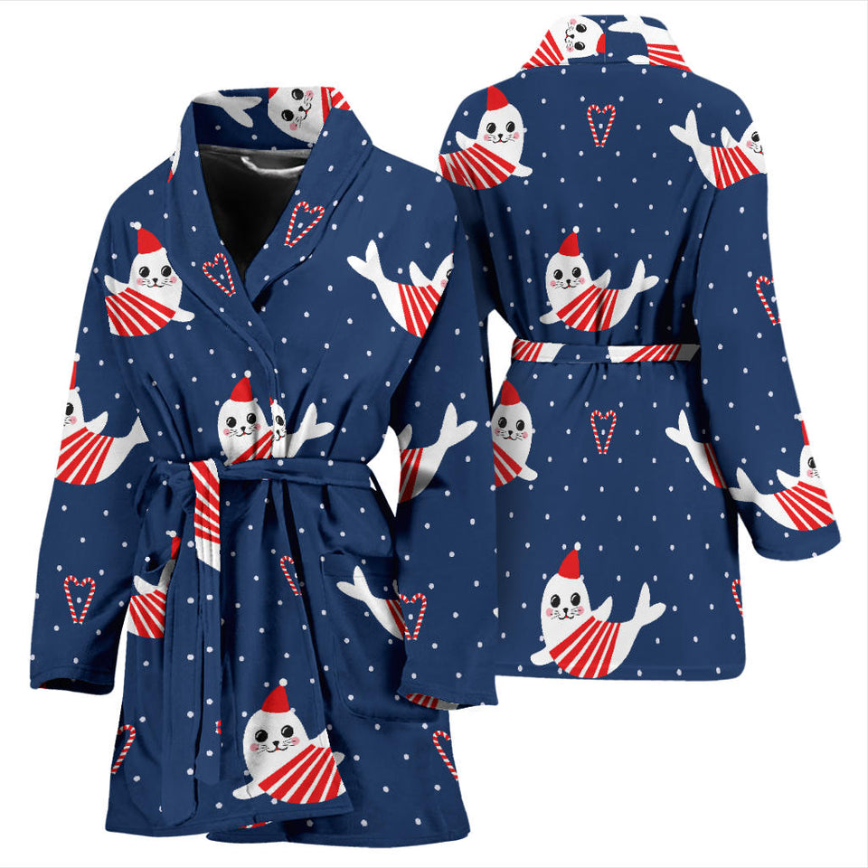 Cute Sea Lion Seal Christmas Hat Candy Cane Heart Pattern Women'S Bathrobe