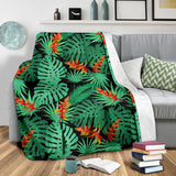 Heliconia Flower Palm Monstera Leaves Black Background Premium Blanket