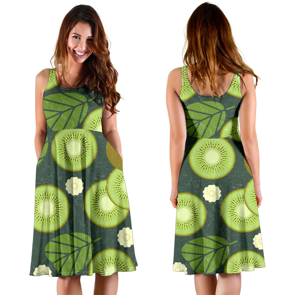 Whole Sliced Kiwi Leave And Flower Sleeveless Midi Dress