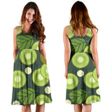 Whole Sliced Kiwi Leave And Flower Sleeveless Midi Dress