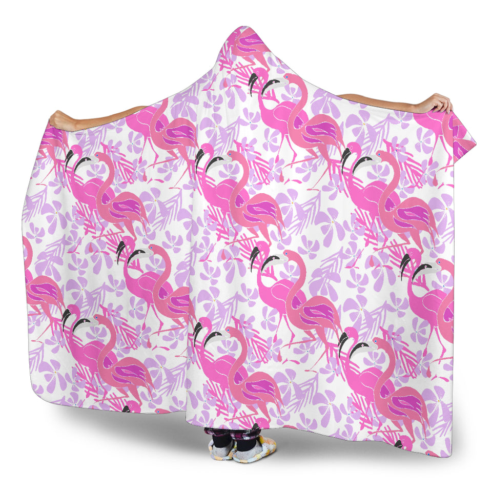 Pink Flamingo Flower Pattern Hooded Blanket