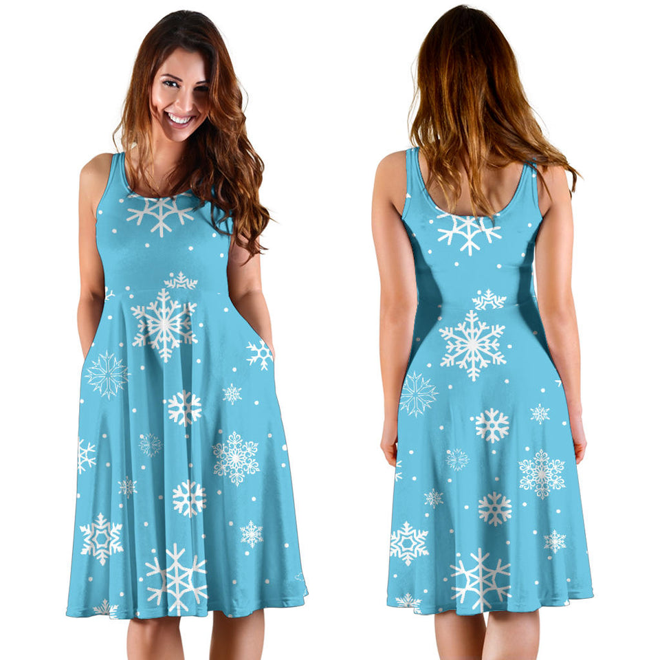 Snowflake Pattern Blue Background Sleeveless Midi Dress