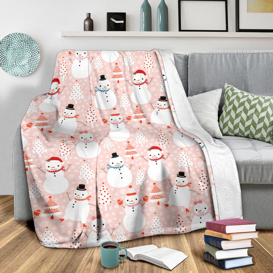 Cute Snowman Christmas Tree Snowpink Background Premium Blanket