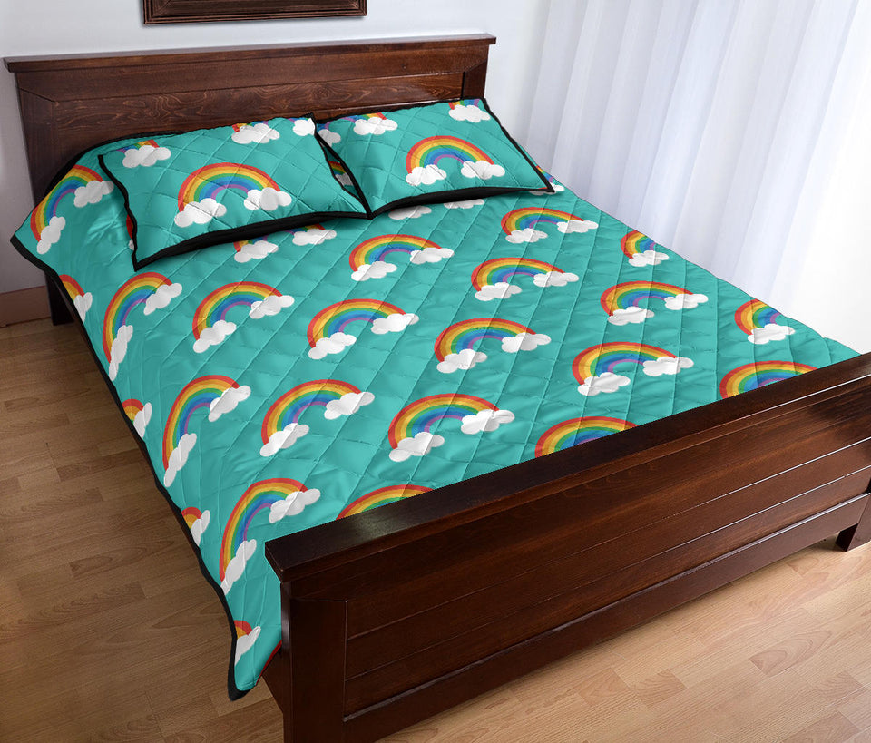 Rainbow pattern green background Quilt Bed Set