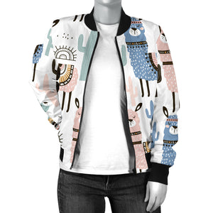 Lama Alpaca Cactus Hand Drawn Pattern Women'S Bomber Jacket