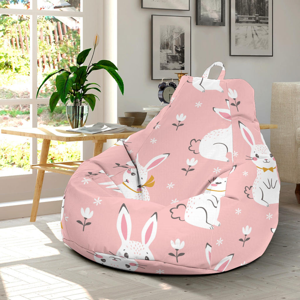 Cute White Rabbit Flower Pink Background Bean Bag Cover