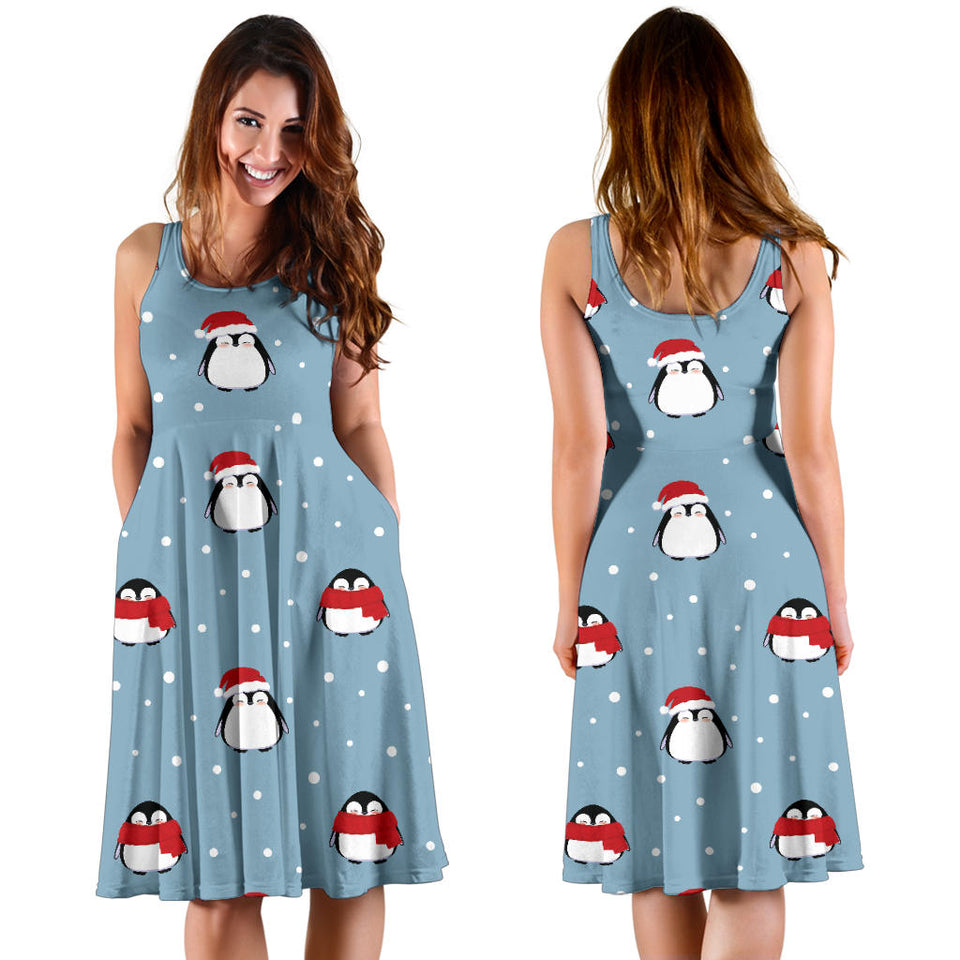 Cute Penguin Christmas Snow Pattern Sleeveless Midi Dress