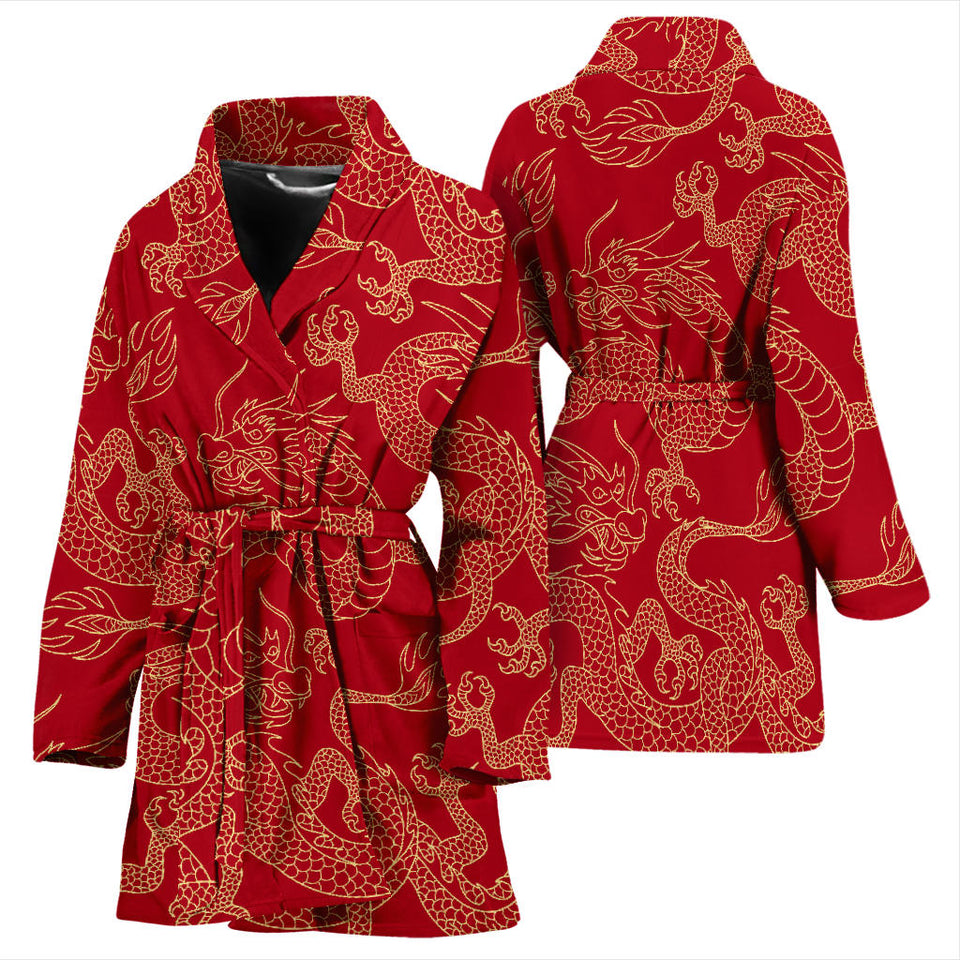 Gold Dragons Red Background Women'S Bathrobe