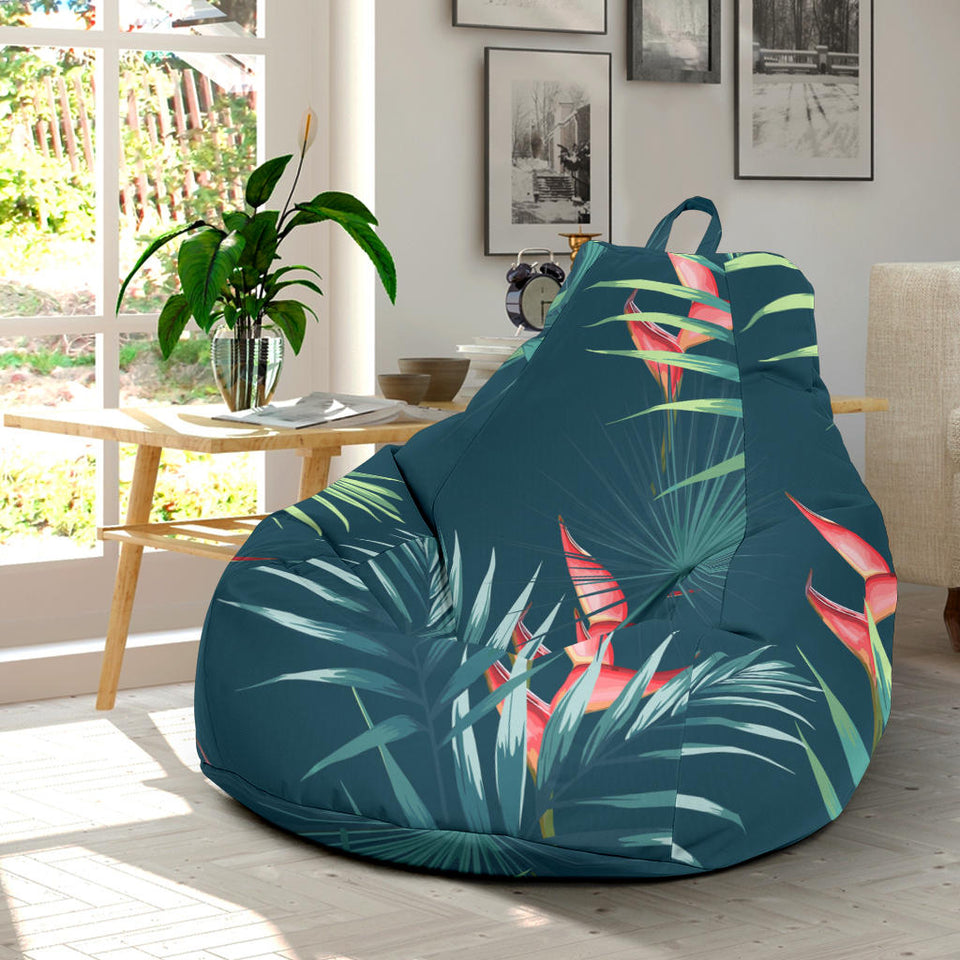 Heliconia Flowers, Palm And Monstera Leaves On Black Background Pattern Bean Bag Cover