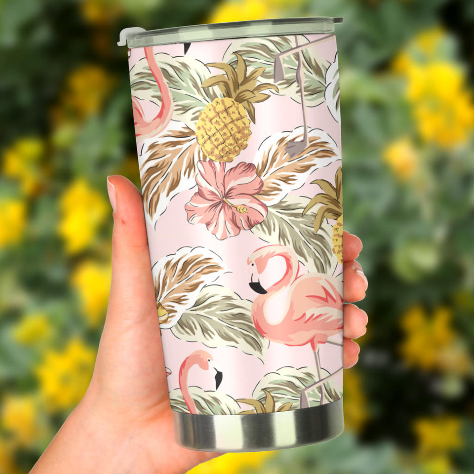 Pink Flamingo Birds Pineapples Hibiscus Flower Pattern Tumbler