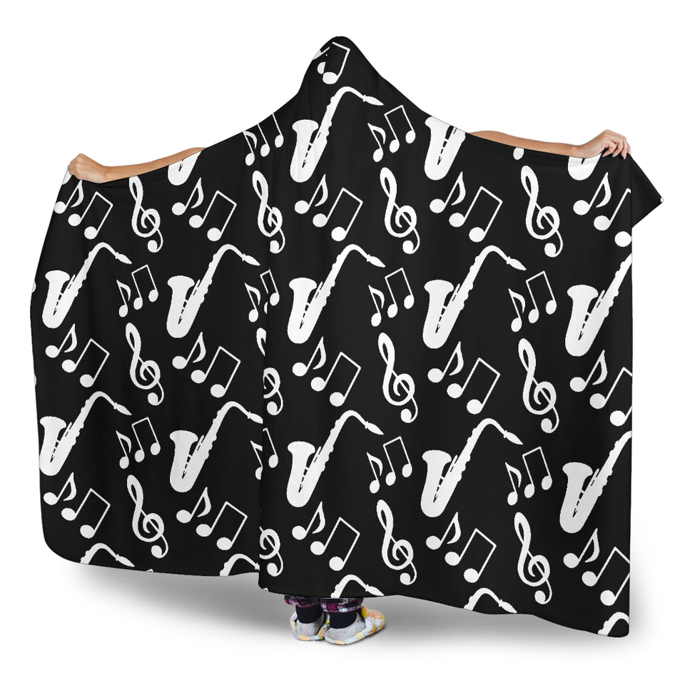 Saxophone Music Notes Treble Clef Black White Theme Hooded Blanket
